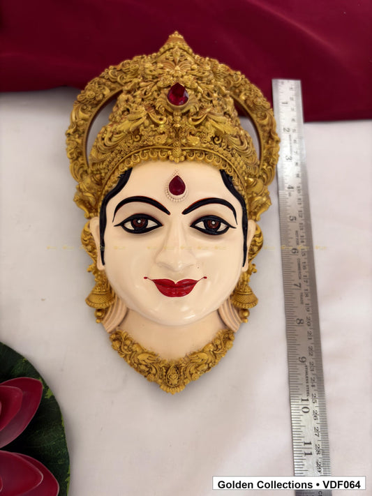 Measurement product photo showing 10 Inches Varalakshmi Ammavaru Goddess Face Mugham with Floral Crown, ruler visible for Varalakshmi or Ammavaru alankaram setup