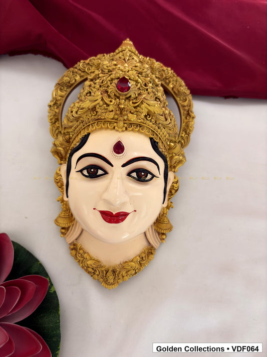 Additional measurement view showing 10 Inches Varalakshmi Ammavaru Goddess Face Mugham with Floral Crown, ruler visible for kalasam or doll alankaram setup