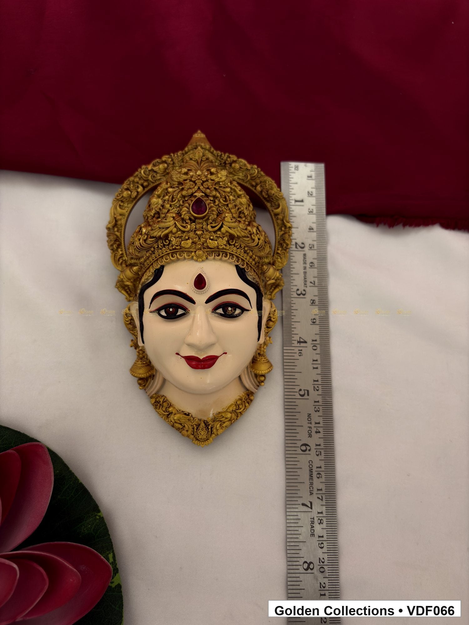 Measurement product photo showing 6 Inches Varalakshmi Ammavaru Goddess Face Mugham with Floral Crown, ruler visible for Varalakshmi or Ammavaru alankaram setup