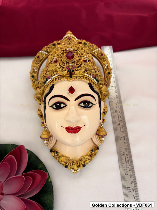 Measurement product photo showing 10 Inches Varalakshmi Ammavaru Goddess Face Mugham with Rounded Crown, ruler visible for Varalakshmi or Ammavaru alankaram setup