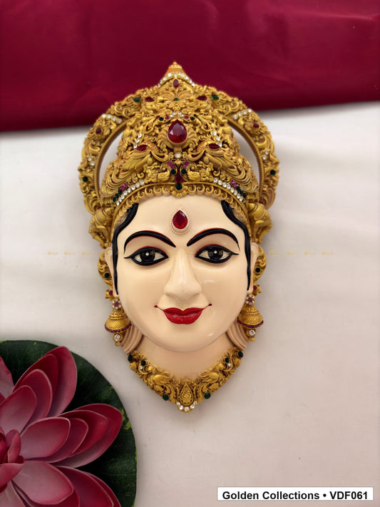 Additional measurement view showing 10 Inches Varalakshmi Ammavaru Goddess Face Mugham with Rounded Crown, ruler visible for kalasam or doll alankaram setup