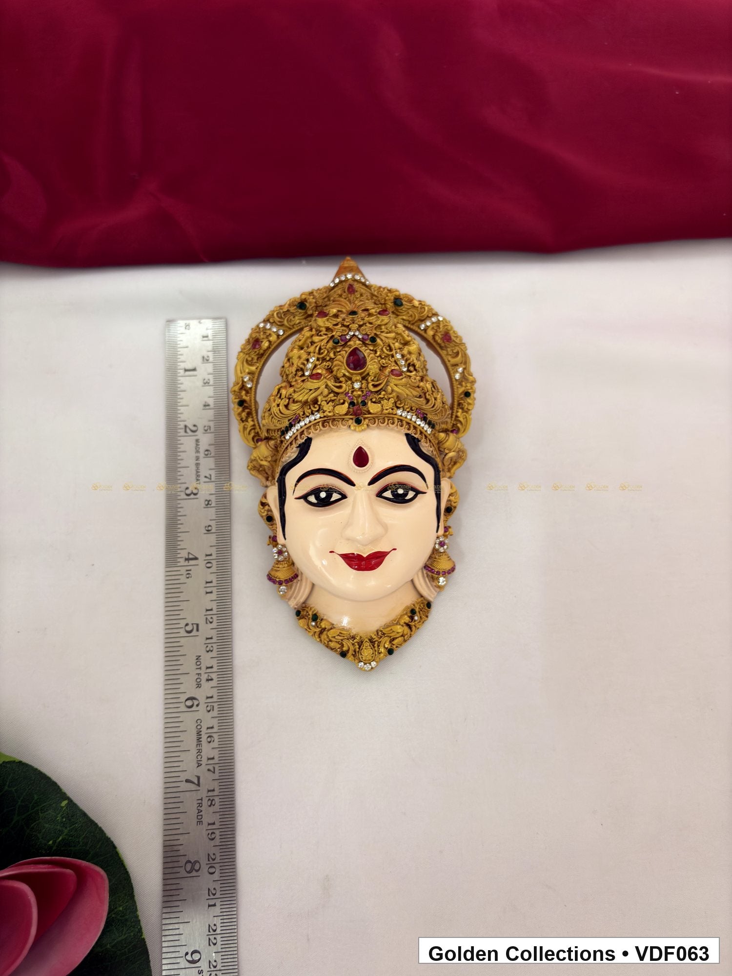 Measurement product photo showing 6 Inches Varalakshmi Ammavaru Goddess Face Mugham with Rounded Crown, ruler visible for Varalakshmi or Ammavaru alankaram setup
