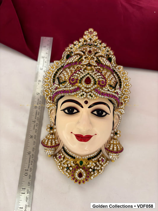 Measurement product photo showing 10 Inches Varalakshmi Ammavaru Goddess Face Mugham with Tall Crown, ruler visible for Varalakshmi or Ammavaru alankaram setup