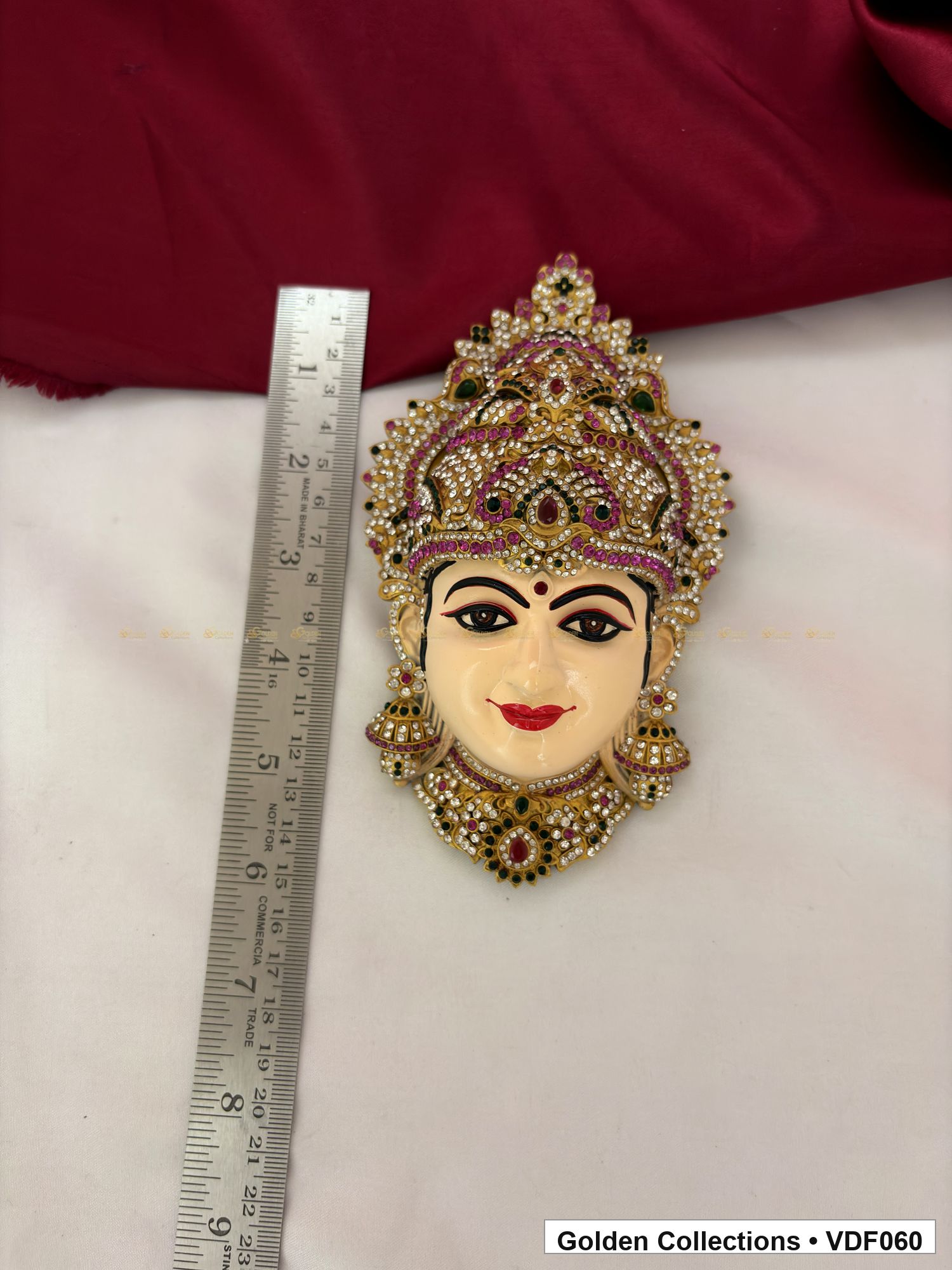 Measurement product photo showing 6 Inches Varalakshmi Ammavaru Goddess Face Mugham with Tall Crown, ruler visible for Varalakshmi or Ammavaru alankaram setup