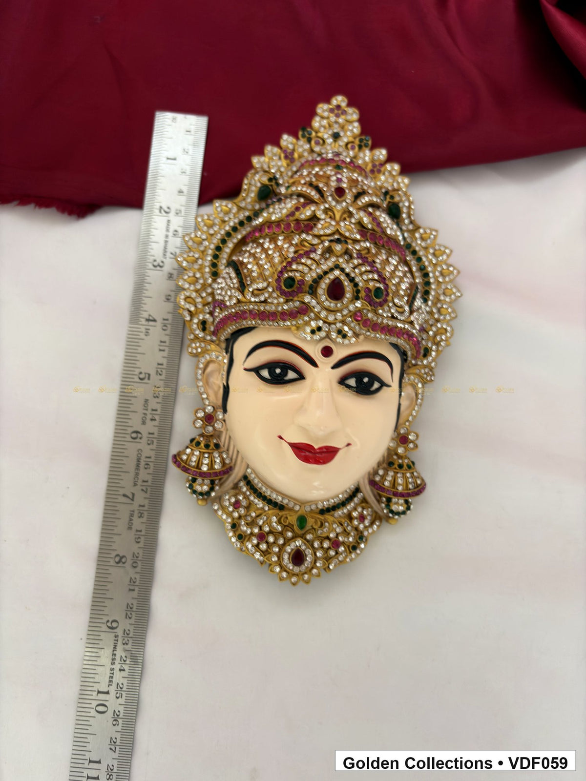 Measurement product photo showing 8 Inches Varalakshmi Ammavaru Goddess Face Mugham with Tall Crown, ruler visible for Varalakshmi or Ammavaru alankaram setup