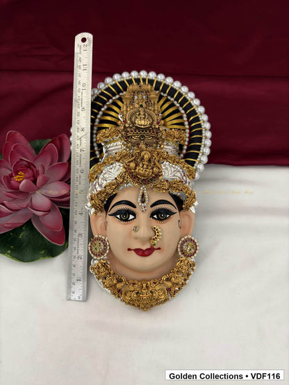 Measurement view of Varalakshmi Tanjore Face with Circular Medallion Crown and Scalloped Necklace with ruler beside the product