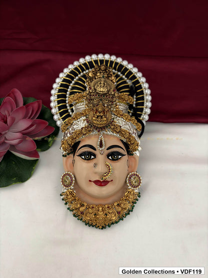 Varalakshmi Tanjore Face with Compact Deity Crown and Green Fringe Necklace full front view