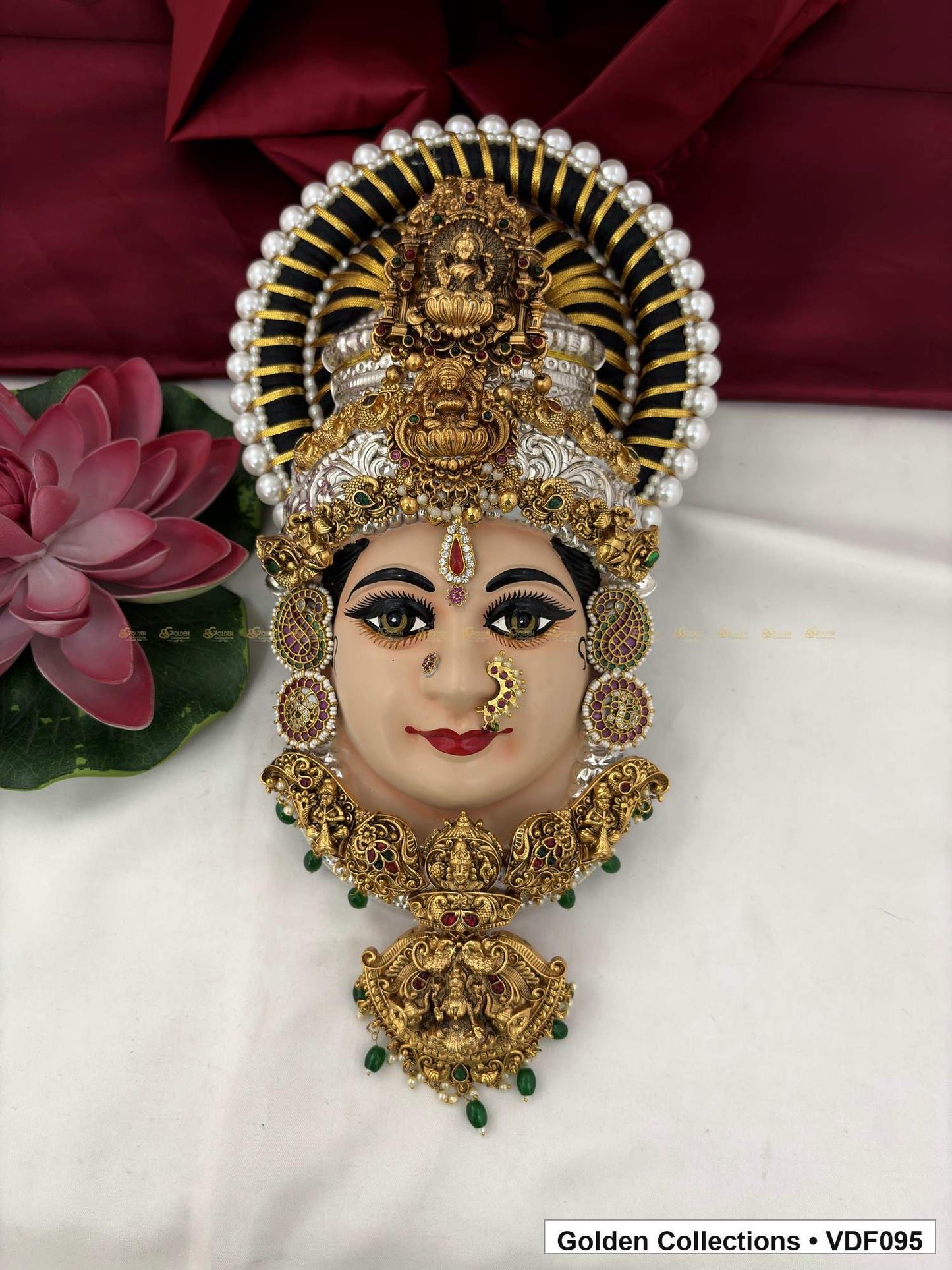 Varalakshmi Tanjore Face with Double Motif Crown and Green Bead Drop Pendant full front view