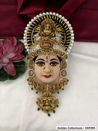 Varalakshmi Tanjore Face with Double Motif Crown and Green Bead Drop Pendant full front view