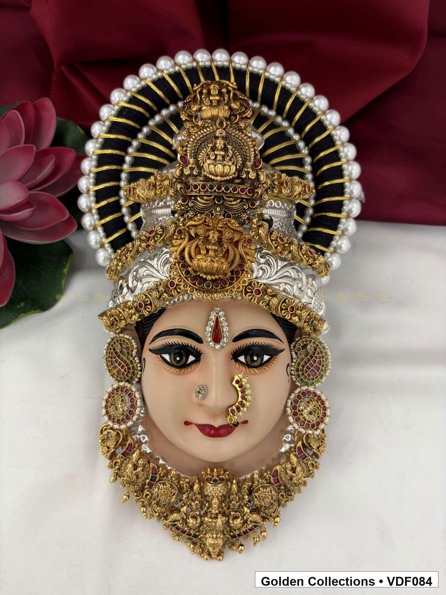 Varalakshmi Tanjore Face with Double Motif Crown and Temple Necklace full front view