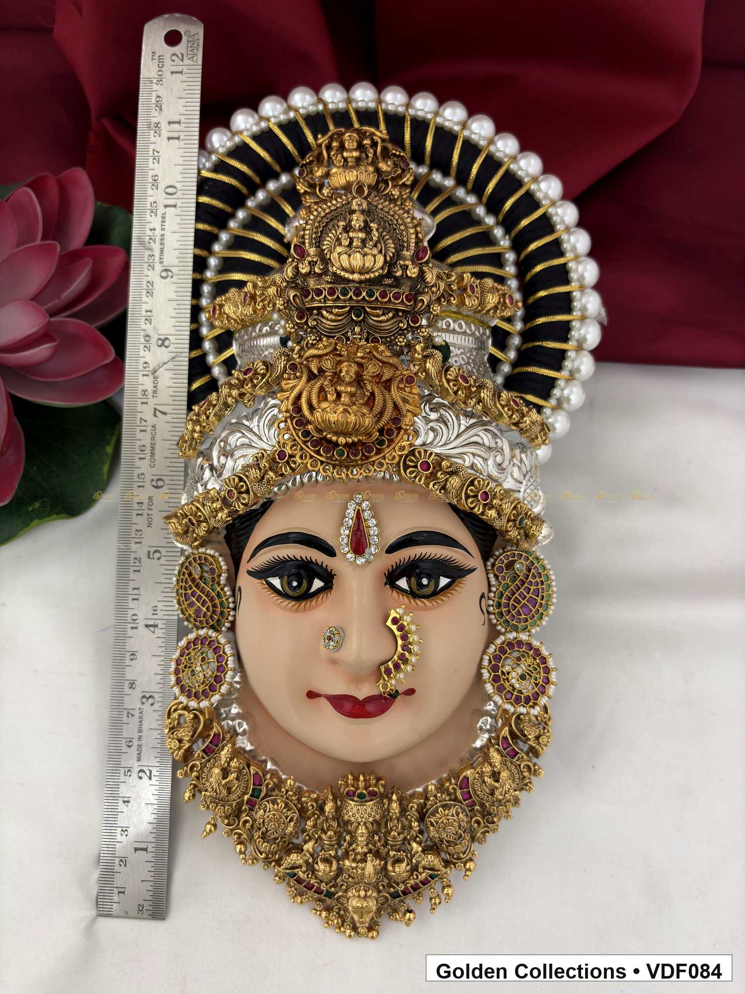Varalakshmi Tanjore Face with Double Motif Crown and Temple Necklace close-up detail view