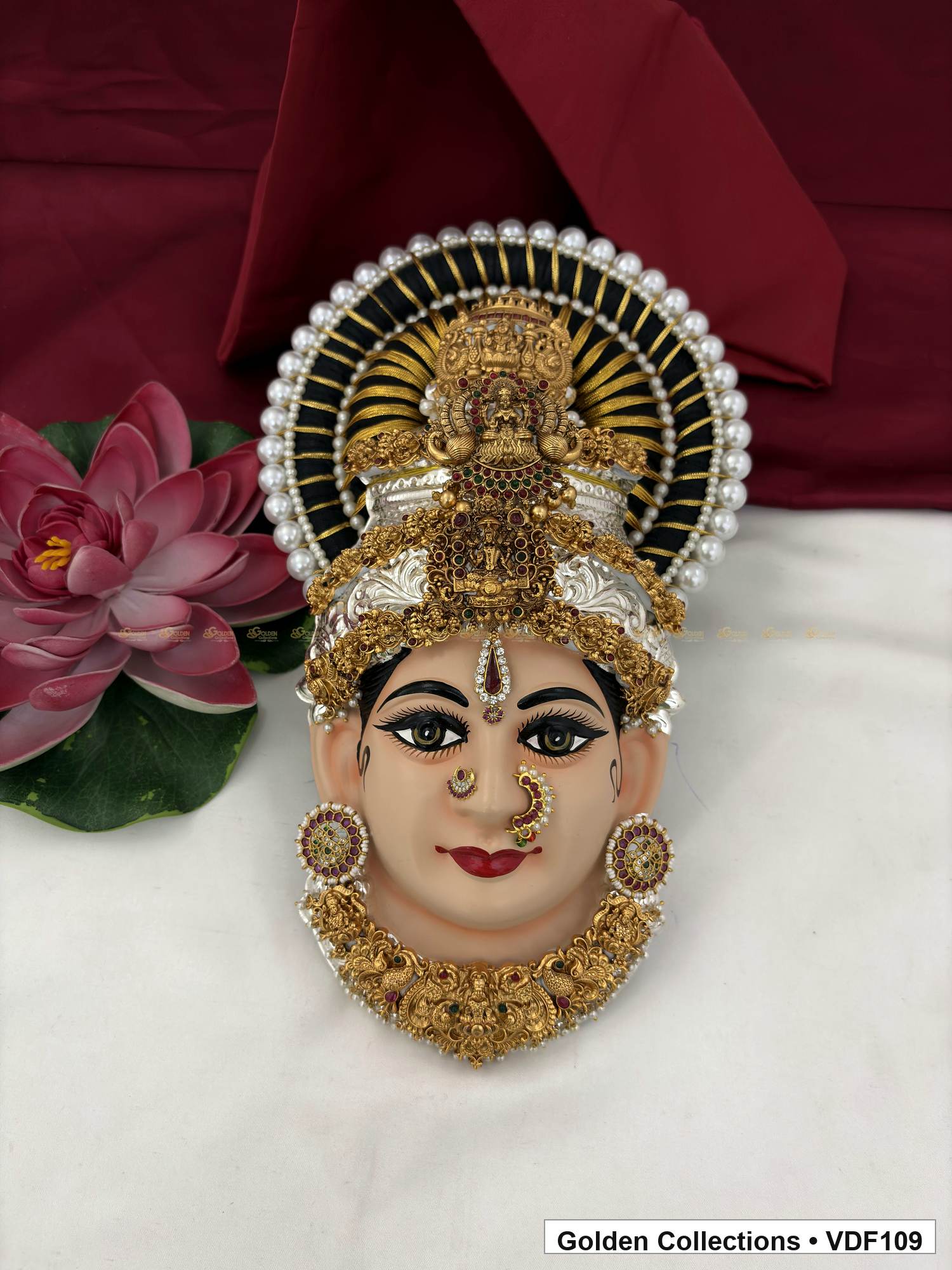 Varalakshmi Tanjore Face with Fan Halo Crown and Sculpted Collar Necklace full front view