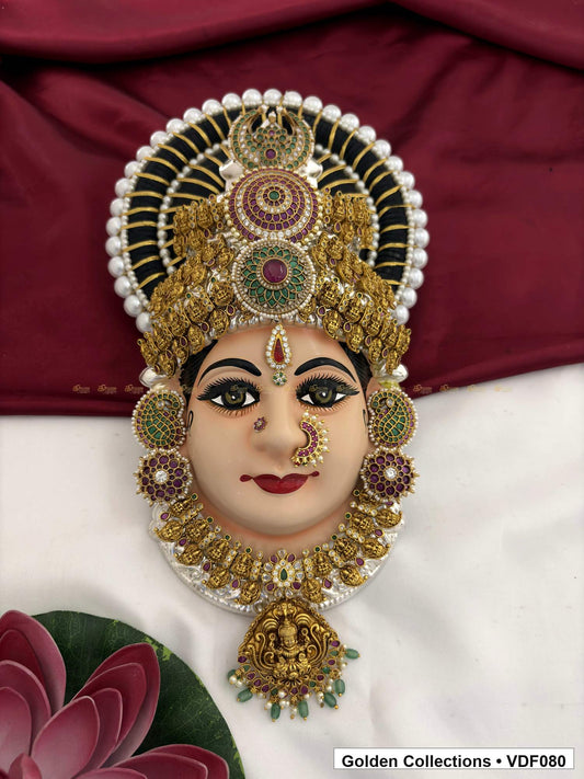 Varalakshmi Tanjore Face with Layered Crown and Green Pendant 12 Inches full front view for Varalakshmi alankaram