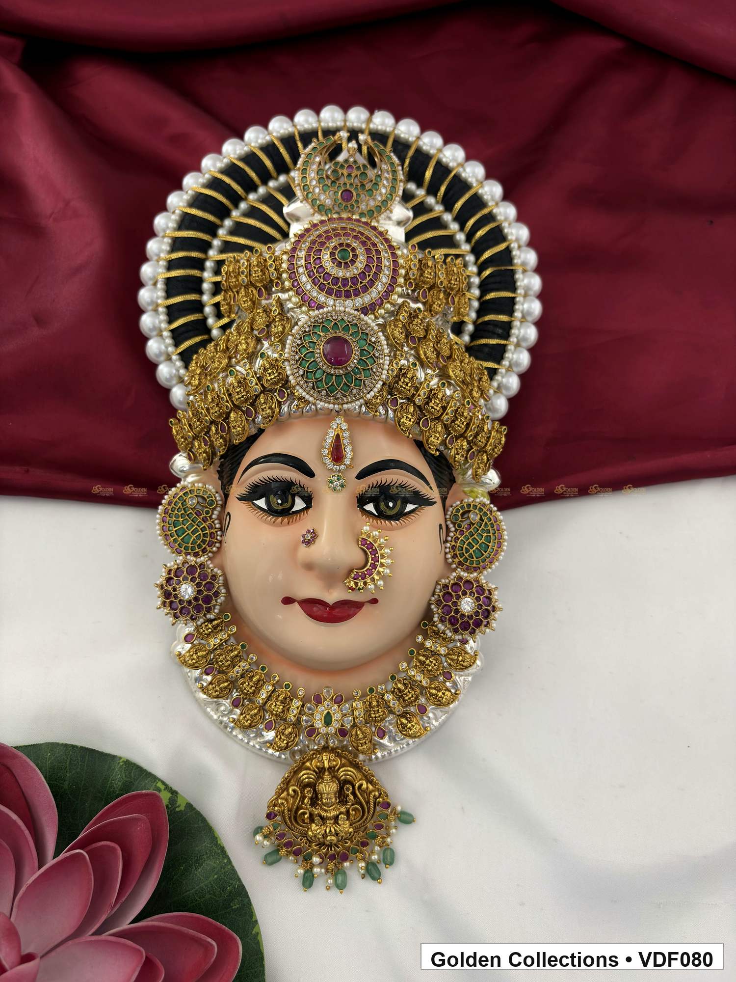 Varalakshmi Tanjore Face with Layered Crown and Green Pendant 12 Inches close-up showing face, crown and jewellery details