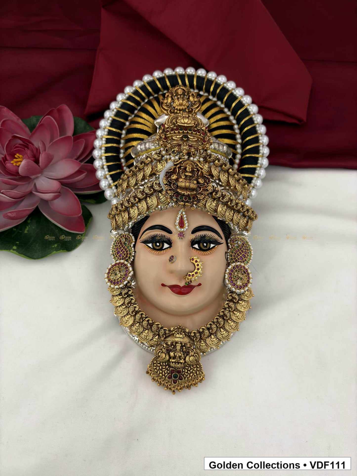 Varalakshmi Tanjore Face with Layered Deity Crown and Long Sculpted Pendant full front view