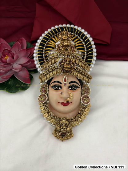 Varalakshmi Tanjore Face with Layered Deity Crown and Long Sculpted Pendant full front view