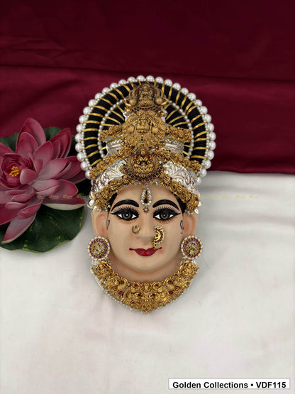 Varalakshmi Tanjore Face with Layered Deity Crown and Ornate Pendant Necklace full front view
