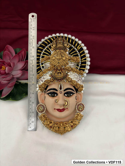 Measurement view of Varalakshmi Tanjore Face with Layered Deity Crown and Ornate Pendant Necklace with ruler beside the product