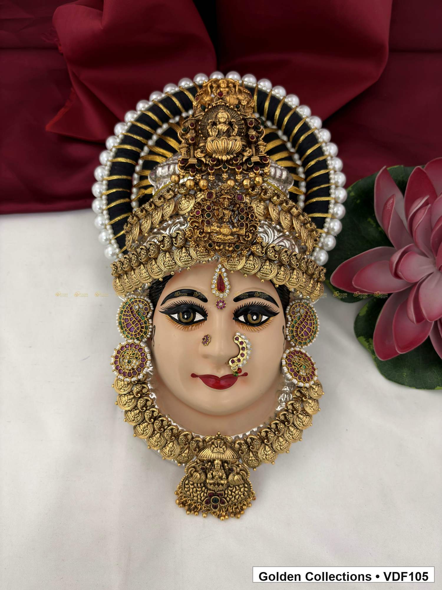 Varalakshmi Tanjore Face with Layered Figure Crown and Disc Pendant full front view