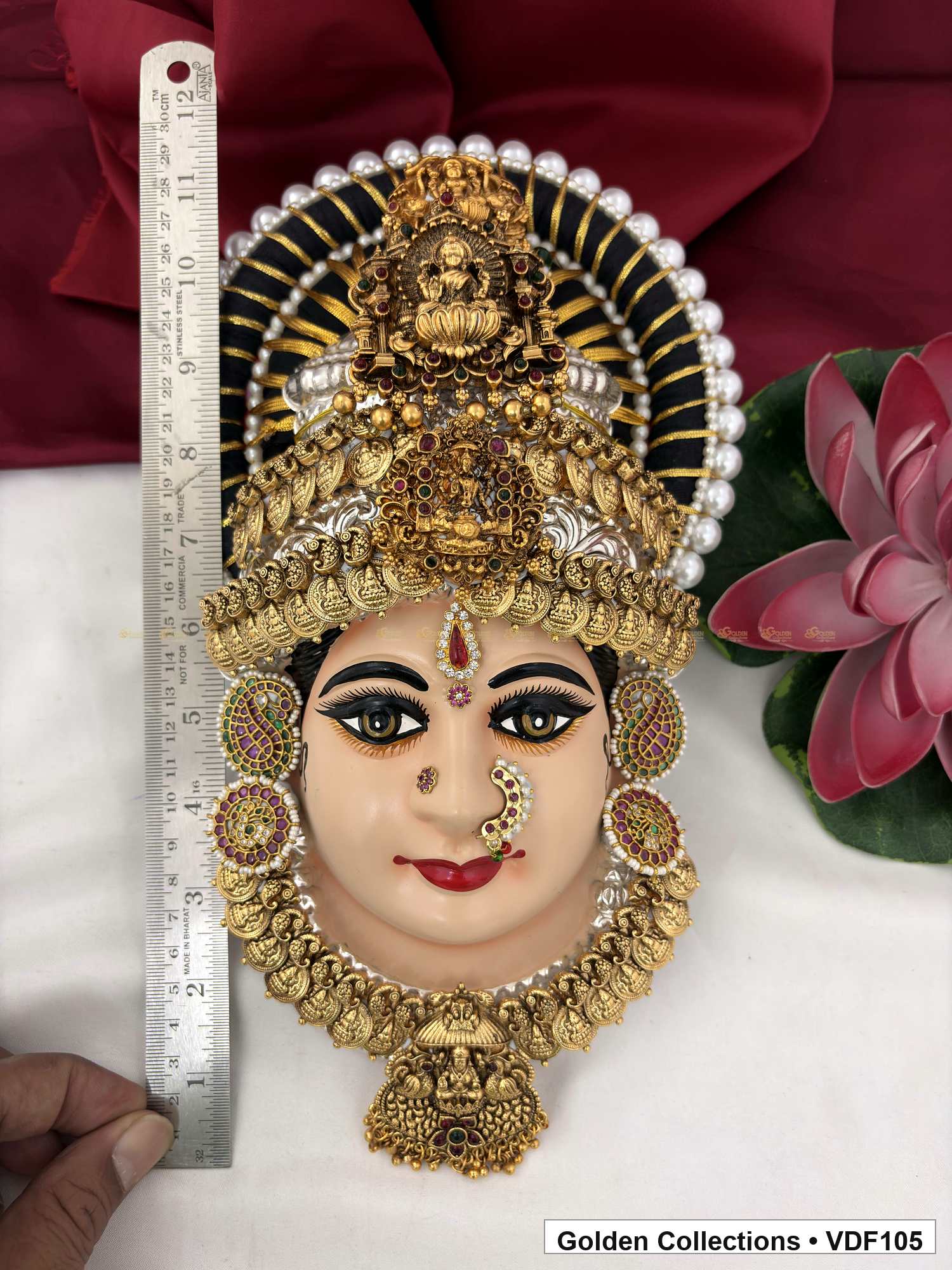 Varalakshmi Tanjore Face with Layered Figure Crown and Disc Pendant close-up detail view
