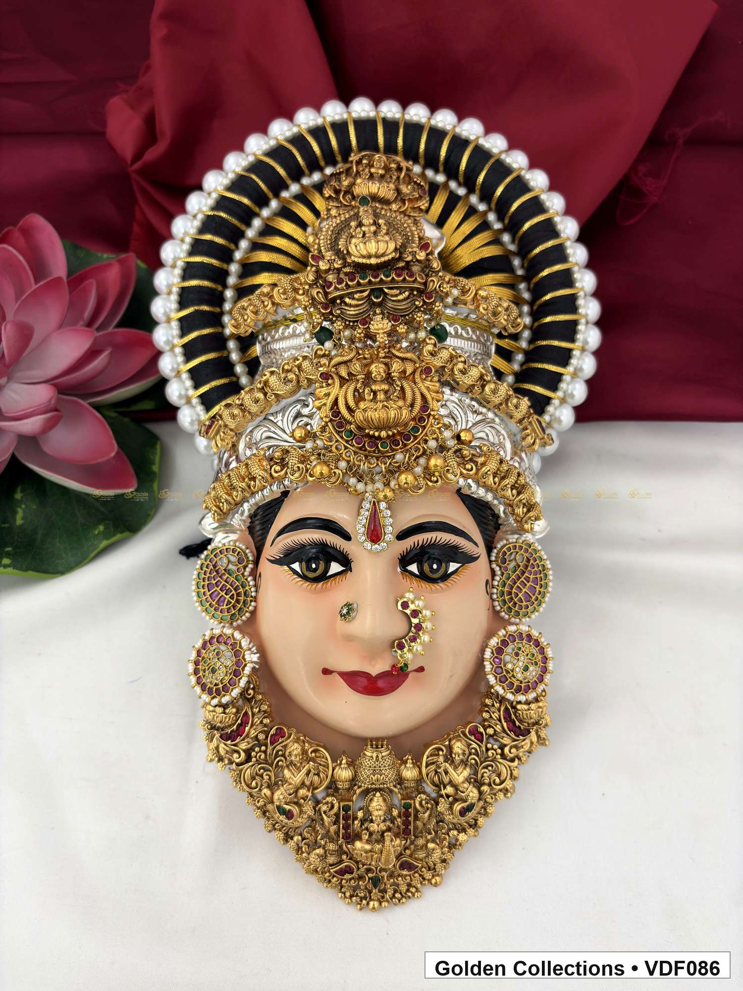 Varalakshmi Tanjore Face with Layered Figure-Motif Crown and Temple Necklace full front view