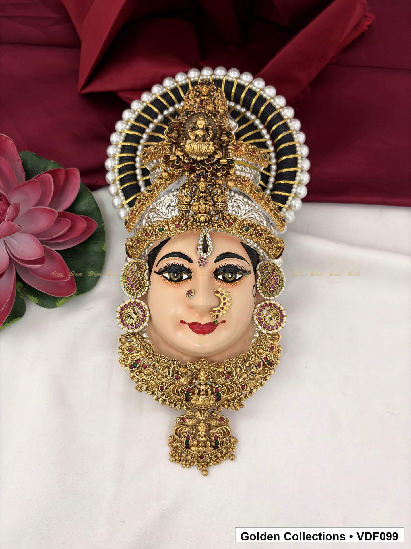 Varalakshmi Tanjore Face with Layered Motif Crown and Long Drop Pendant full front view