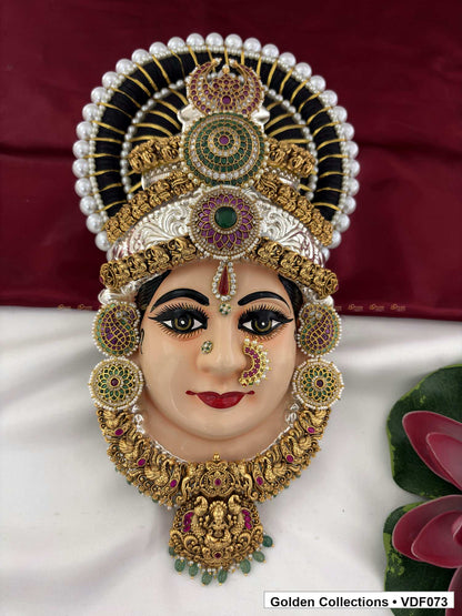 Varalakshmi Tanjore Face with Layered Stone Crown and Floral Pendant 12 Inches full front view for Varalakshmi alankaram