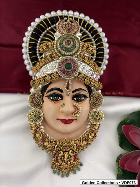 Varalakshmi Tanjore Face with Layered Stone Crown and Floral Pendant 12 Inches full front view for Varalakshmi alankaram