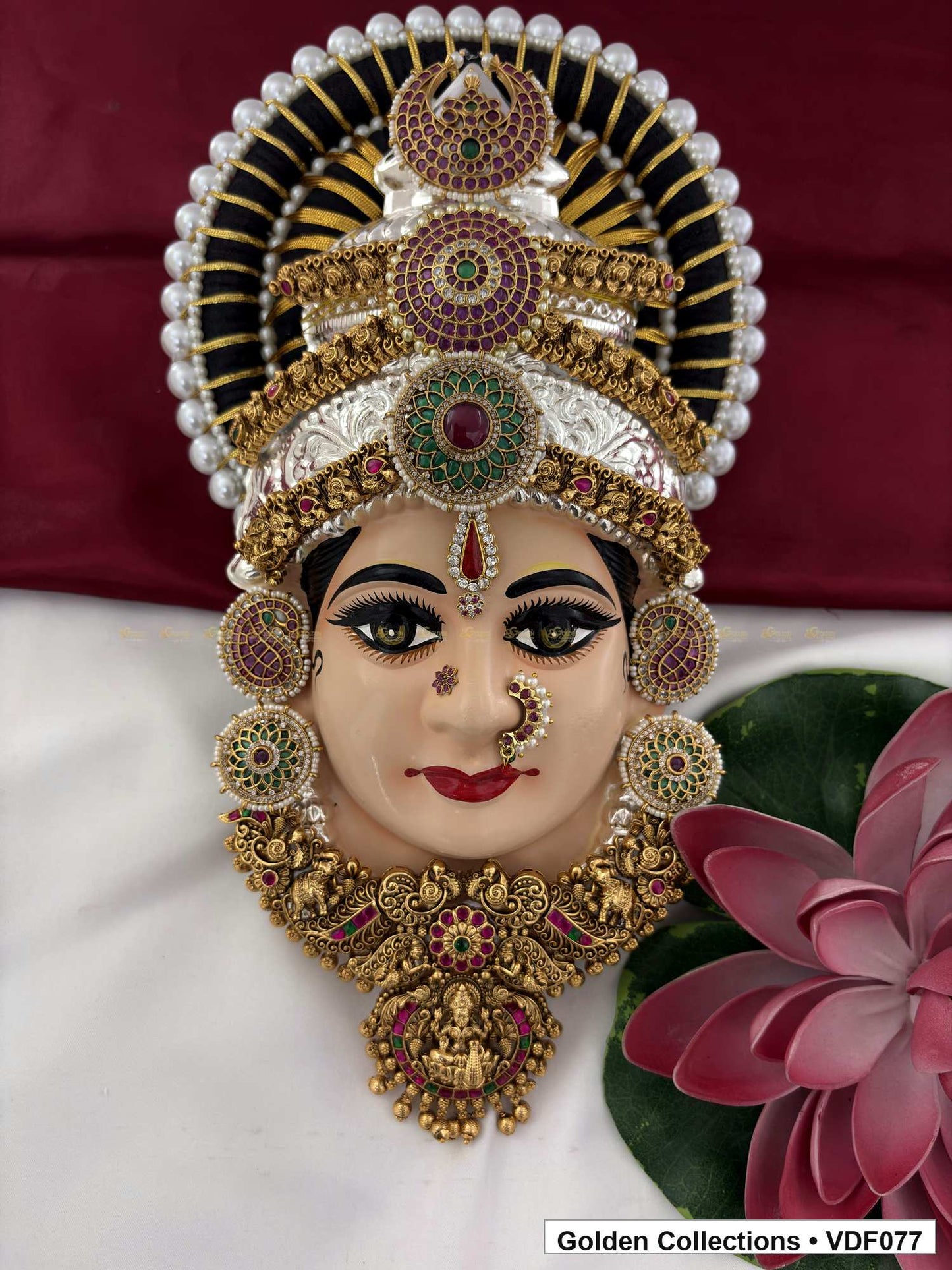 Varalakshmi Tanjore Face with Pearl-Banded Stone Crown and Pendant 12 Inches full front view for Varalakshmi alankaram
