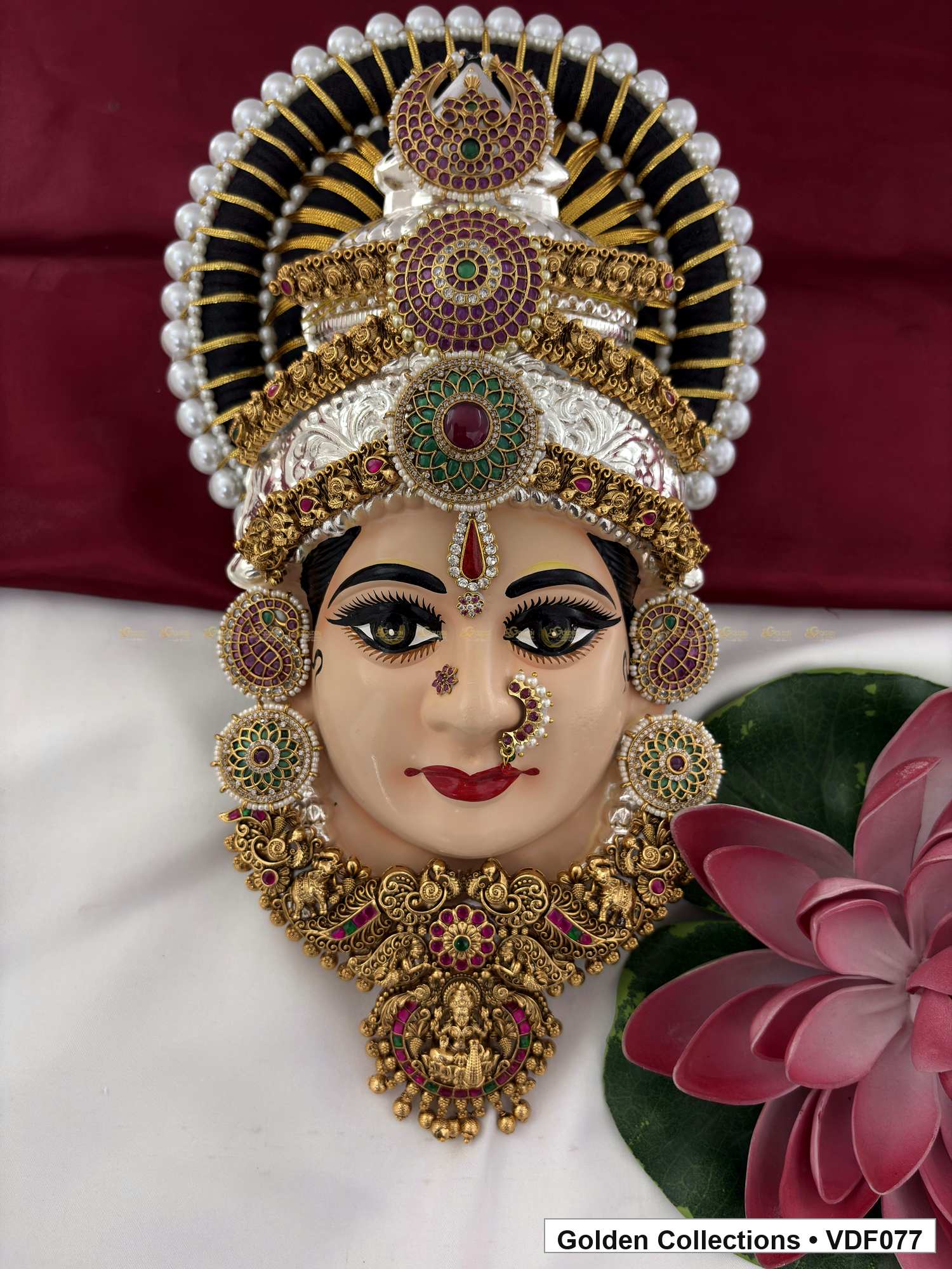 Varalakshmi Tanjore Face with Pearl-Banded Stone Crown and Pendant 12 Inches full front view for Varalakshmi alankaram
