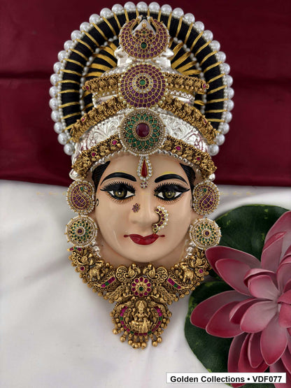 Varalakshmi Tanjore Face with Pearl-Banded Stone Crown and Pendant 12 Inches full front view for Varalakshmi alankaram