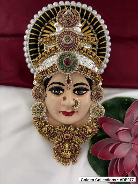 Varalakshmi Tanjore Face with Pearl-Banded Stone Crown and Pendant 12 Inches full front view for Varalakshmi alankaram