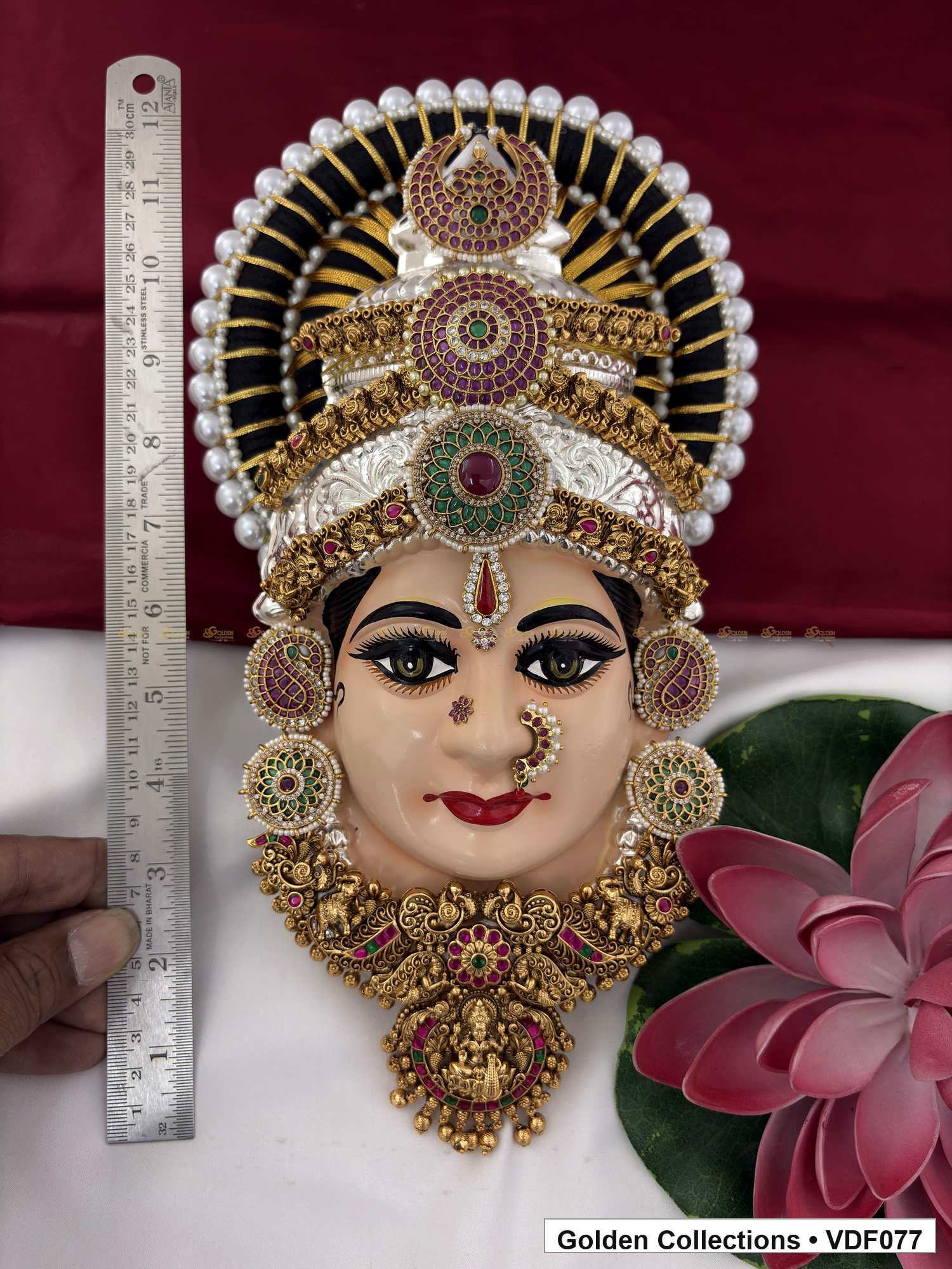 Varalakshmi Tanjore Face with Pearl-Banded Stone Crown and Pendant 12 Inches close-up showing face, crown and jewellery details