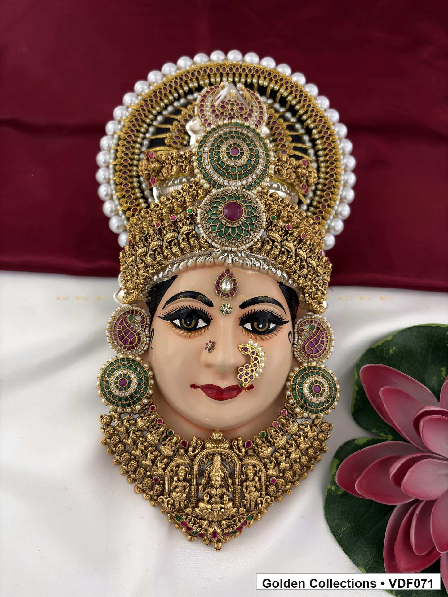 Varalakshmi Tanjore Face with Pearl-Edged Circular Crown 12 Inches full front view for Varalakshmi alankaram