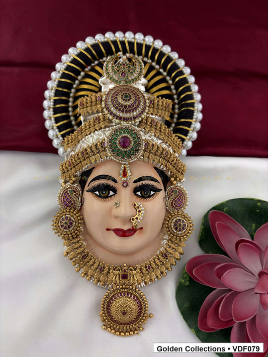 Varalakshmi Tanjore Face with Pearl-Edged Round Stone Crown 12 Inches full front view for Varalakshmi alankaram