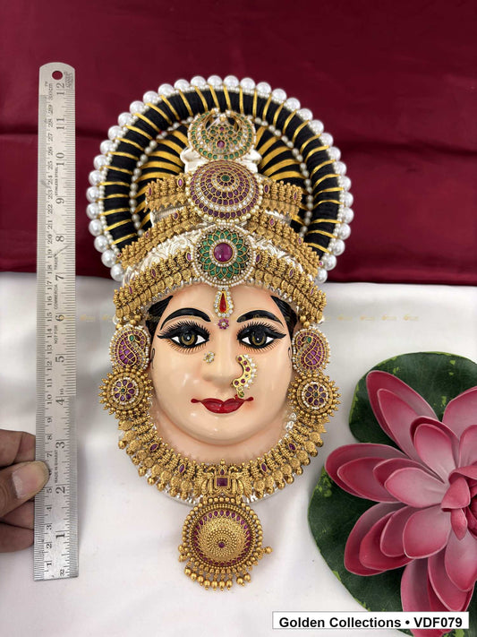 Varalakshmi Tanjore Face with Pearl-Edged Round Stone Crown 12 Inches close-up showing face, crown and jewellery details