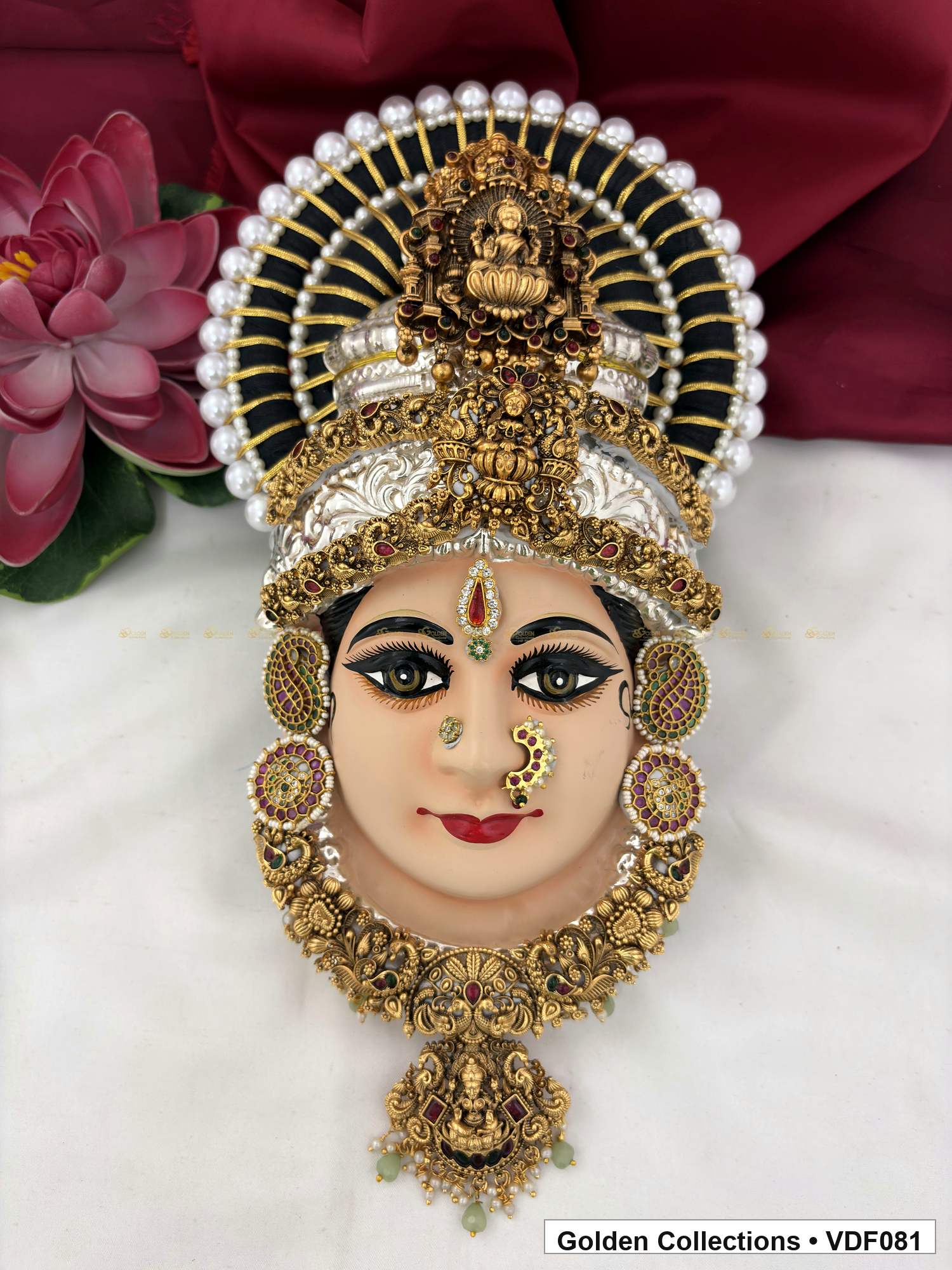 Varalakshmi Tanjore Face with Pearl-Halo Crown and Drop Pendant full front view