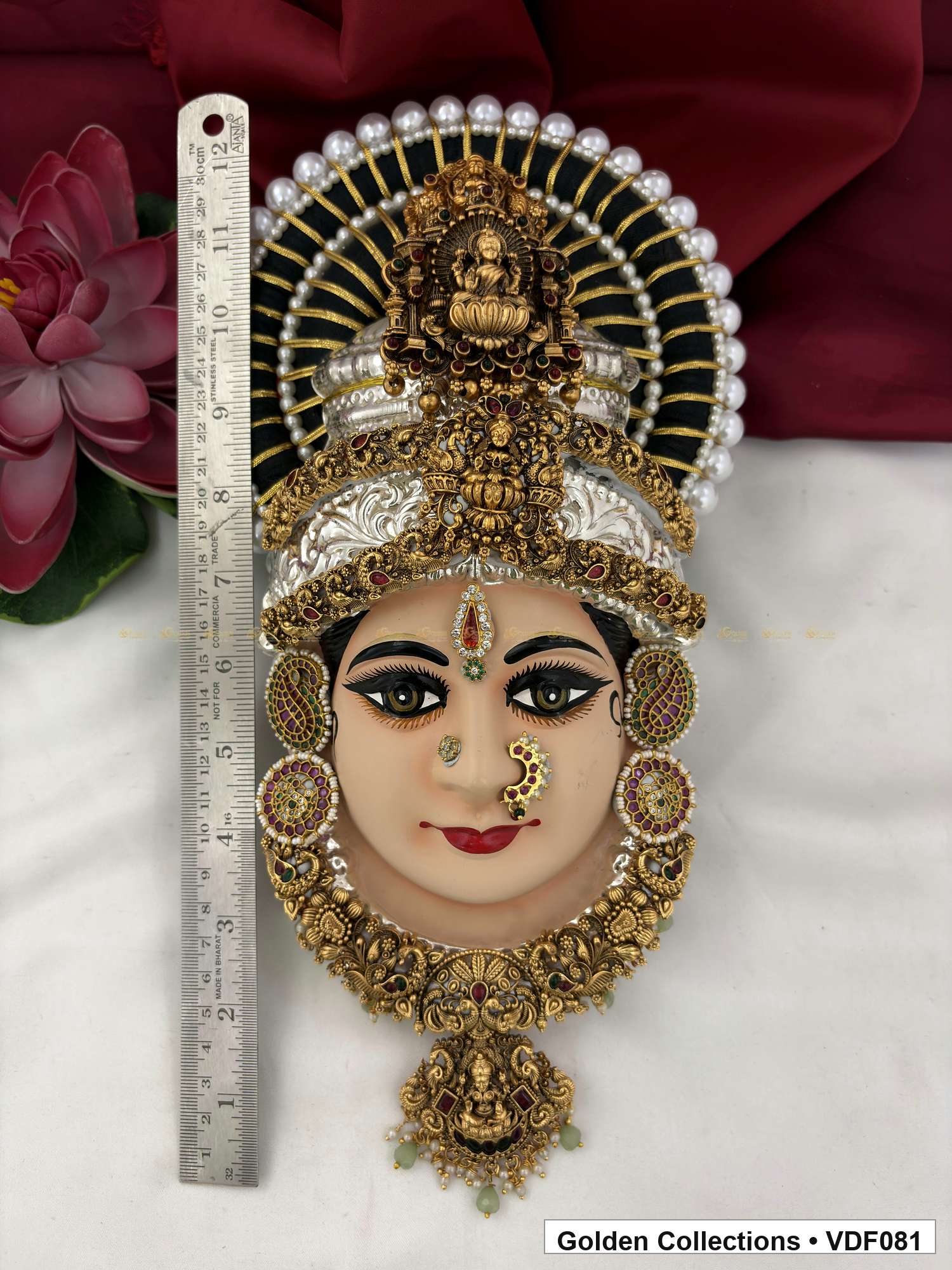 Varalakshmi Tanjore Face with Pearl-Halo Crown and Drop Pendant close-up detail view