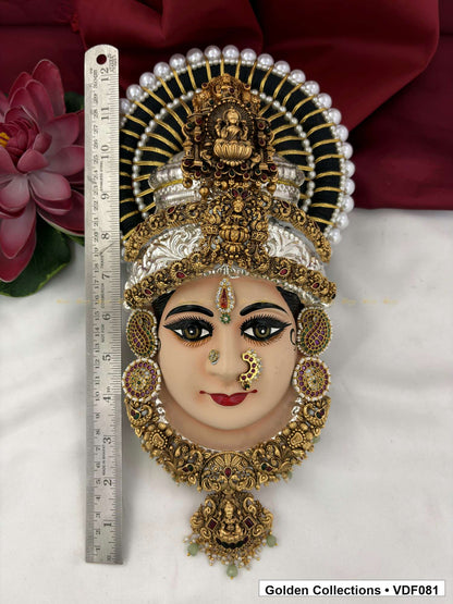 Varalakshmi Tanjore Face with Pearl-Halo Crown and Drop Pendant close-up detail view