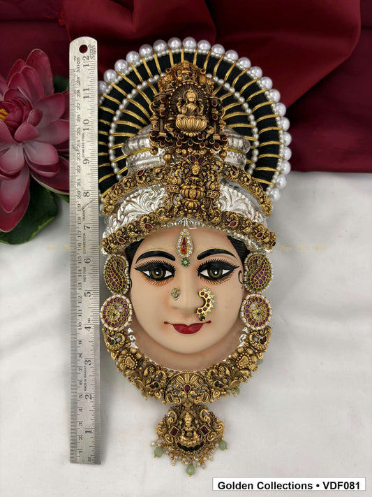 Varalakshmi Tanjore Face with Pearl-Halo Crown and Drop Pendant close-up detail view