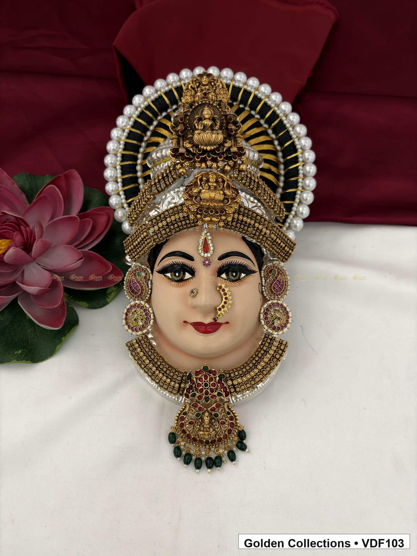 Varalakshmi Tanjore Face with Pearl-Halo Crown and Green Bead Pendant full front view