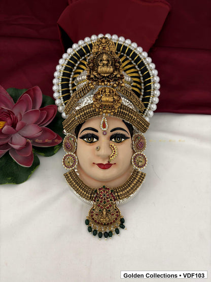 Varalakshmi Tanjore Face with Pearl-Halo Crown and Green Bead Pendant full front view