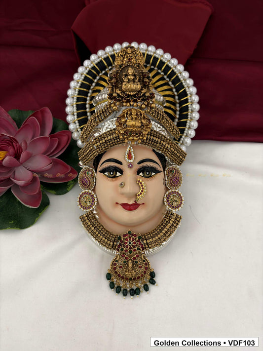 Varalakshmi Tanjore Face with Pearl-Halo Crown and Green Bead Pendant full front view