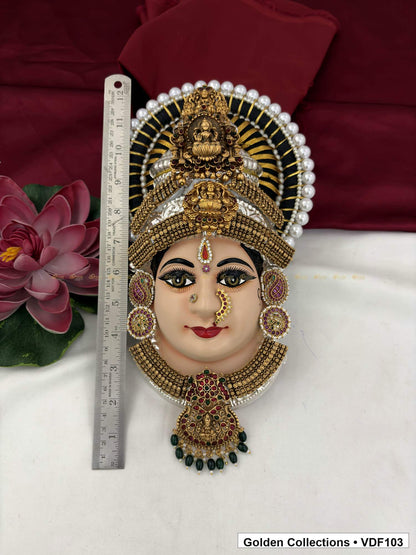 Varalakshmi Tanjore Face with Pearl-Halo Crown and Green Bead Pendant close-up detail view