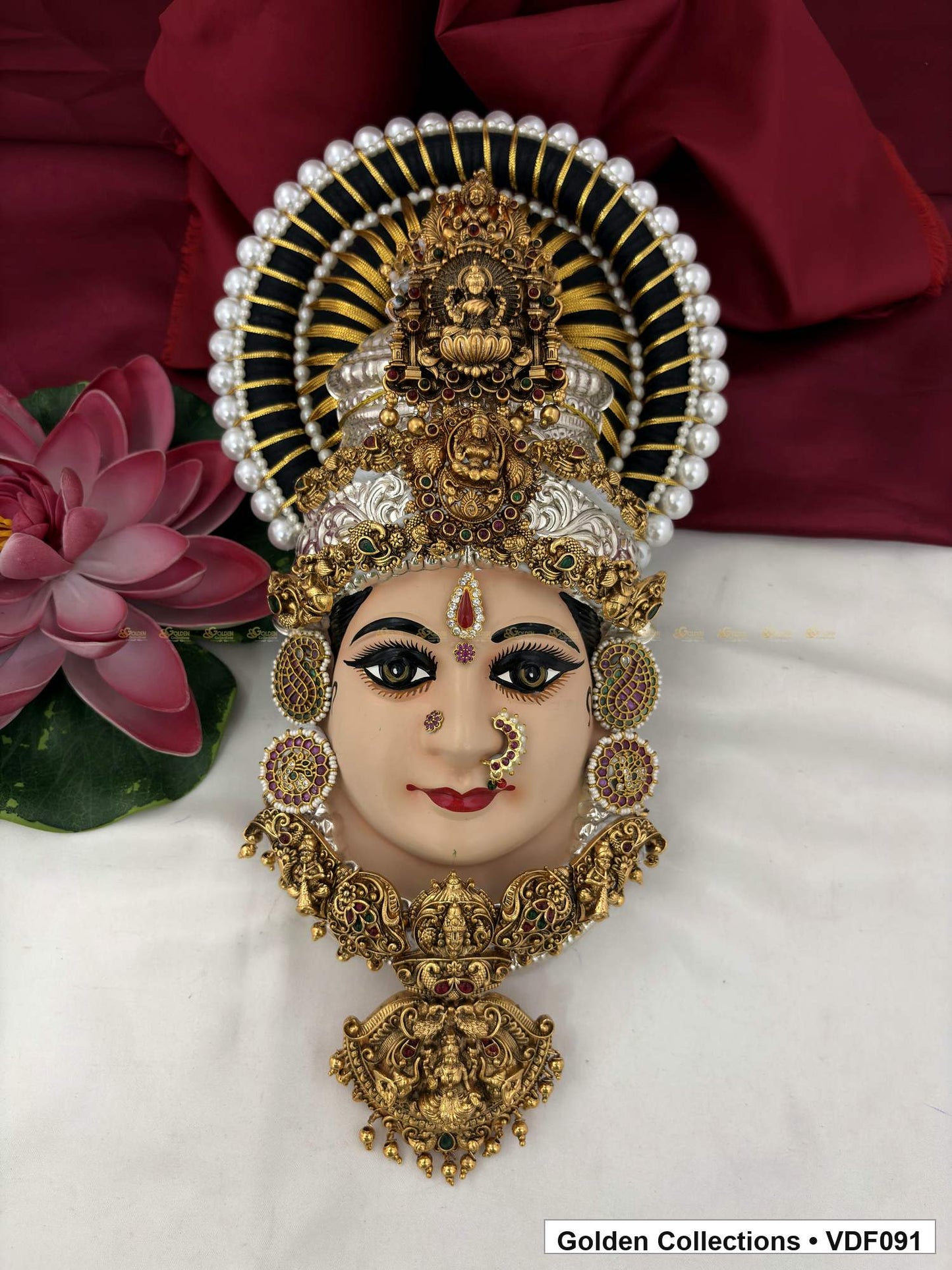 Varalakshmi Tanjore Face with Pearl-Halo Crown and Large Drop Pendant full front view