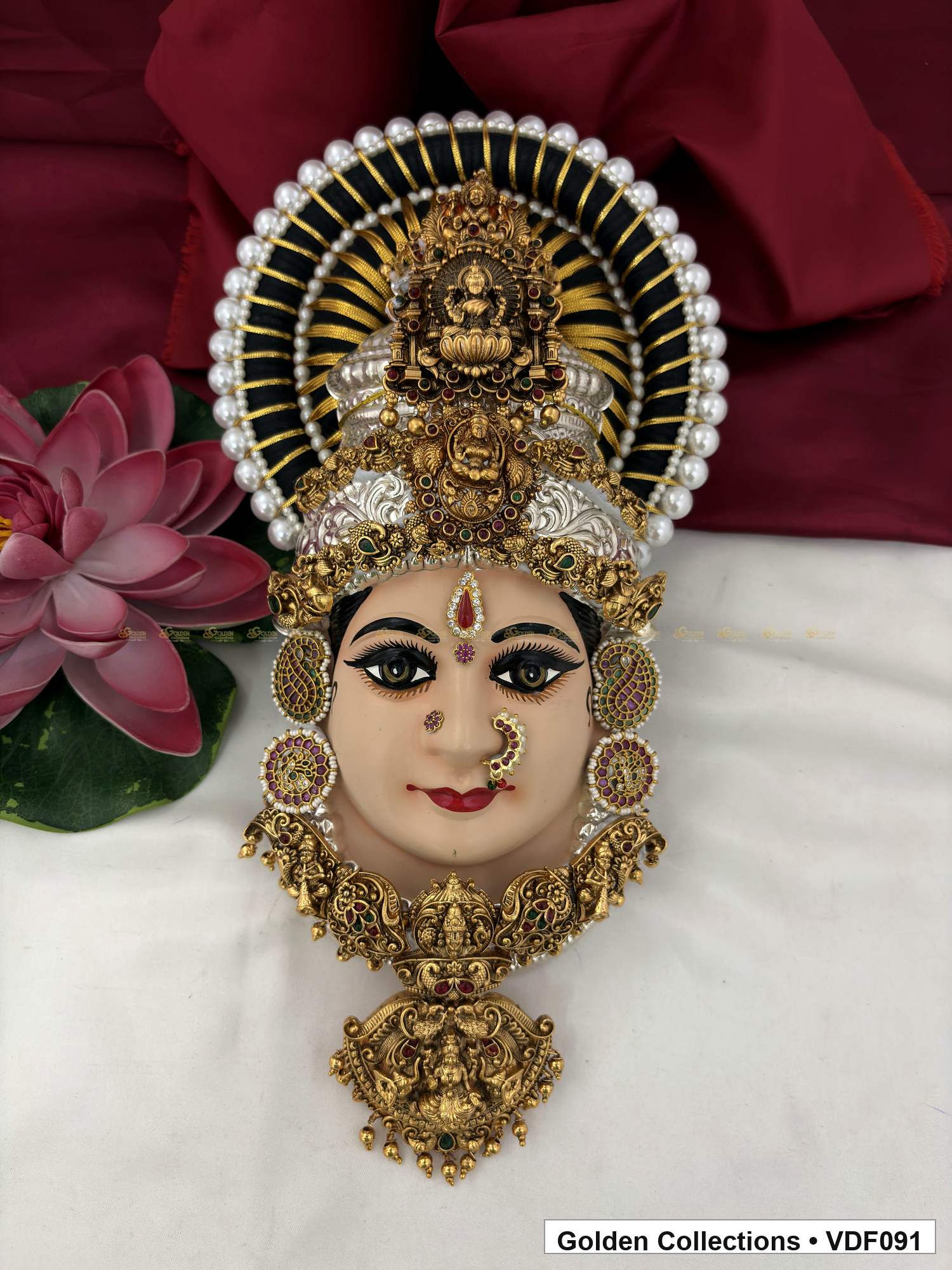 Varalakshmi Tanjore Face with Pearl-Halo Crown and Large Drop Pendant full front view
