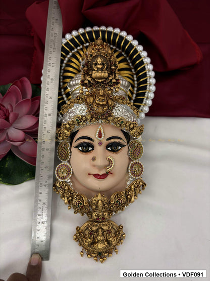 Varalakshmi Tanjore Face with Pearl-Halo Crown and Large Drop Pendant close-up detail view