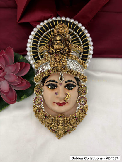 Varalakshmi Tanjore Face with Pearl-Halo Crown and Pointed Temple Necklace full front view