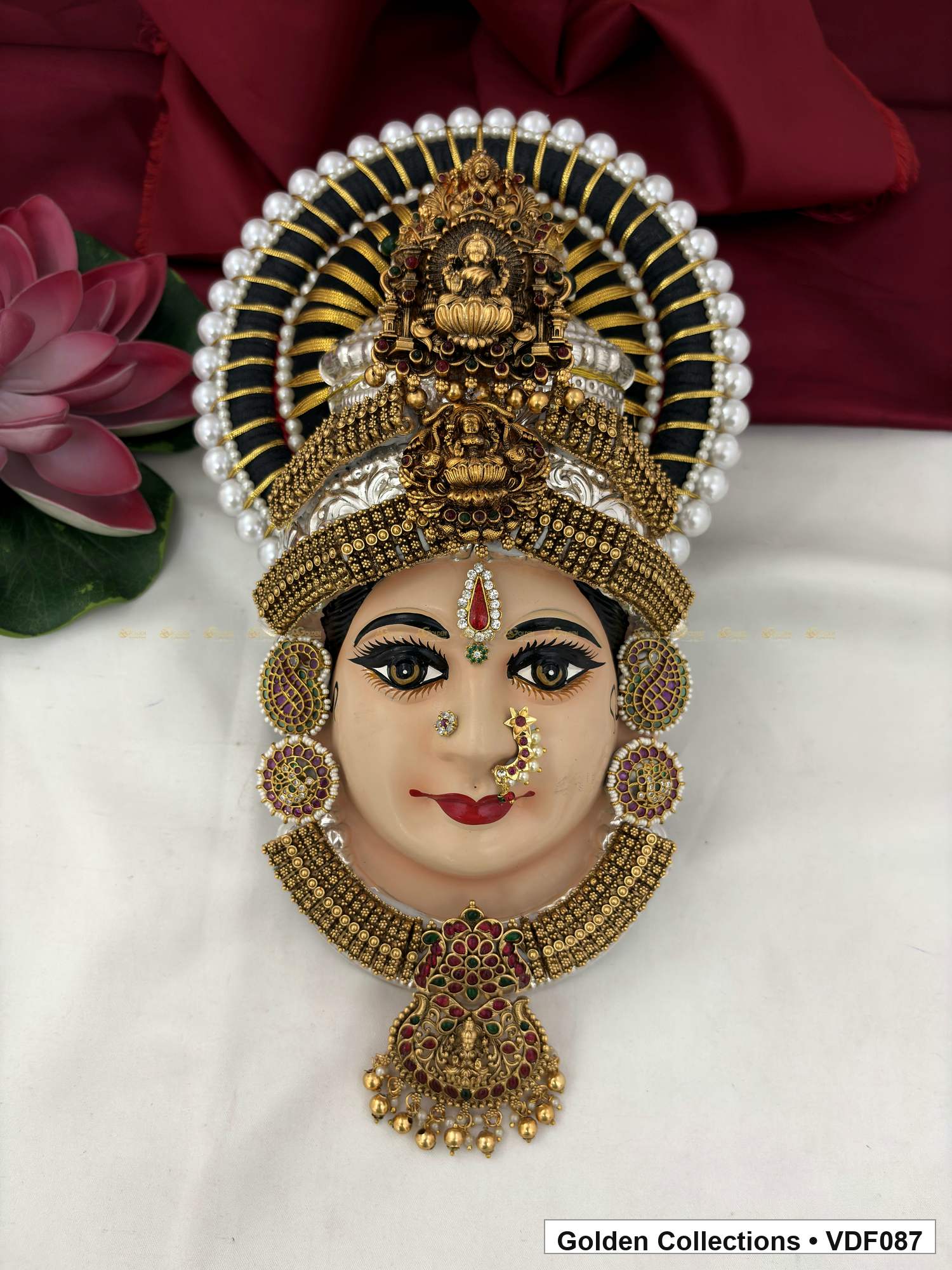 Varalakshmi Tanjore Face with Pearl-Halo Crown and Teardrop Pendant full front view