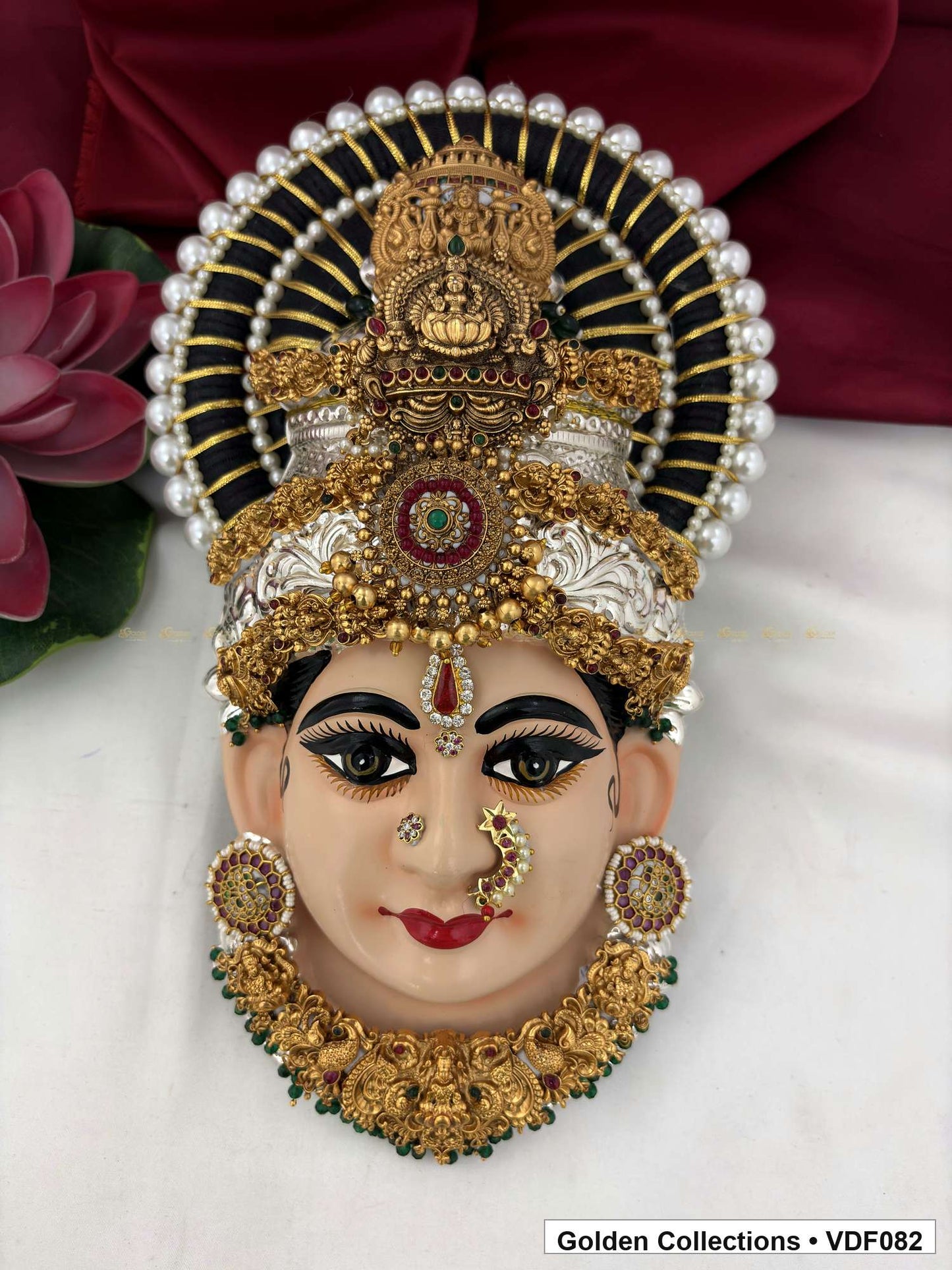 Varalakshmi Tanjore Face with Red Centre Crown and Green Fringe Necklace full front view
